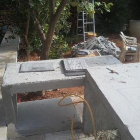 החלק הפנימי של מטבח החוץ+הכנת תשתית מים, ניקוז וחשמל